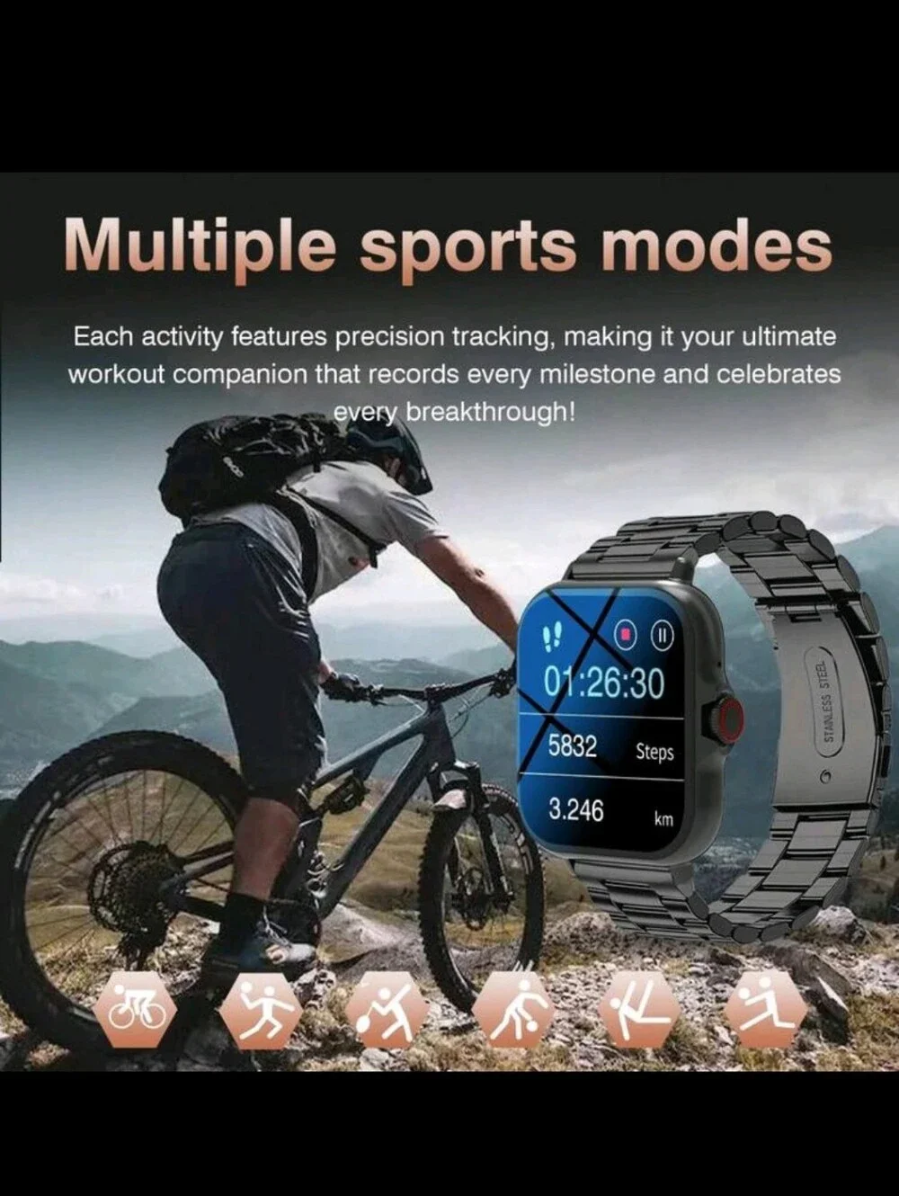 Pink Smart Watch with Stainless Steel Band
